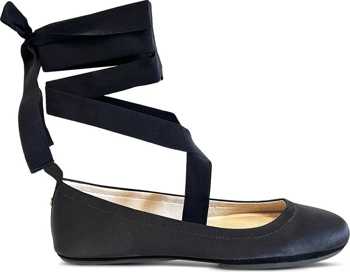 Simone Ankle Wrap Flats in Black Satin