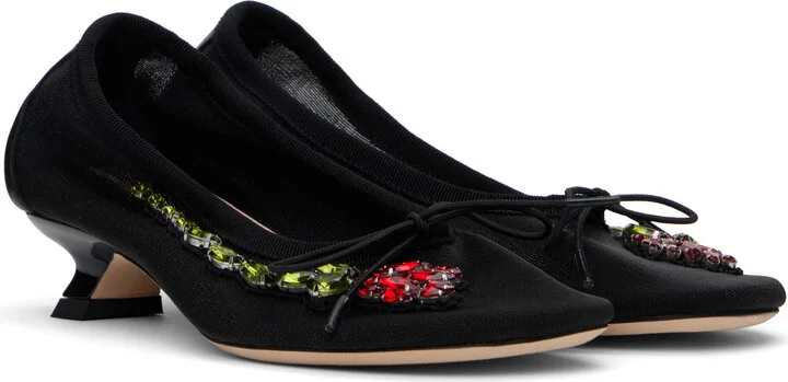 Simone Rocha Black Embellished Flower Mesh Ballerina Heels - Image 4