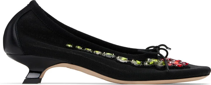 Simone Rocha Black Embellished Flower Mesh Ballerina Heels