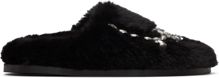Simone Rocha Black Embellished Furry Slippers