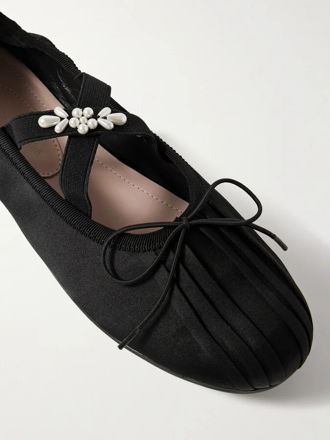 Simone Rocha - Faux Pearl-embellished Pleated Shell Ballet Flats - Black - Image 4
