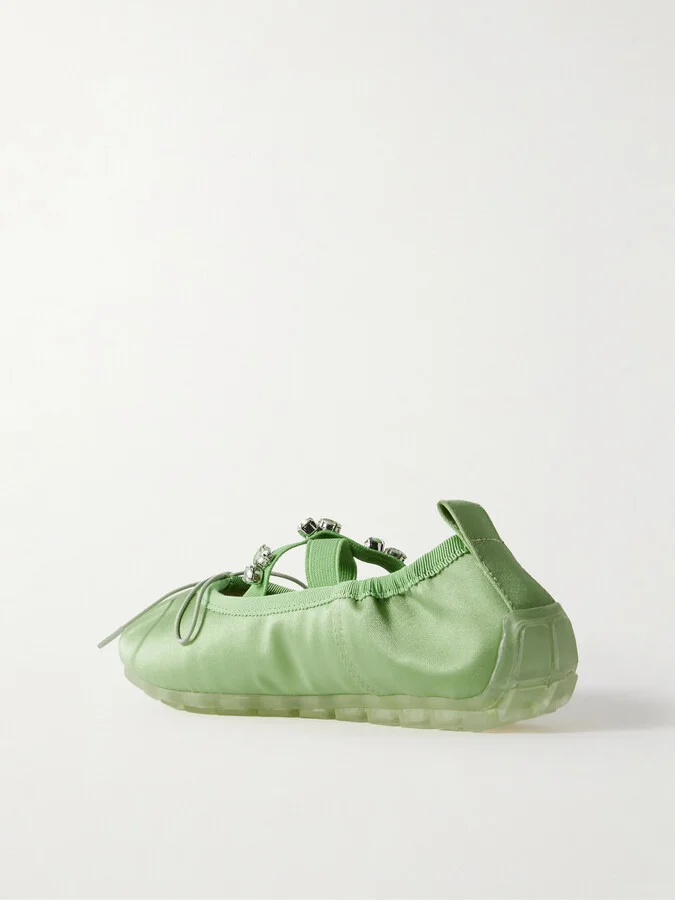 Simone Rocha - Grosgrain-trimmed Crystal-embellished Pleated Satin Ballet Flats - Green - Image 3