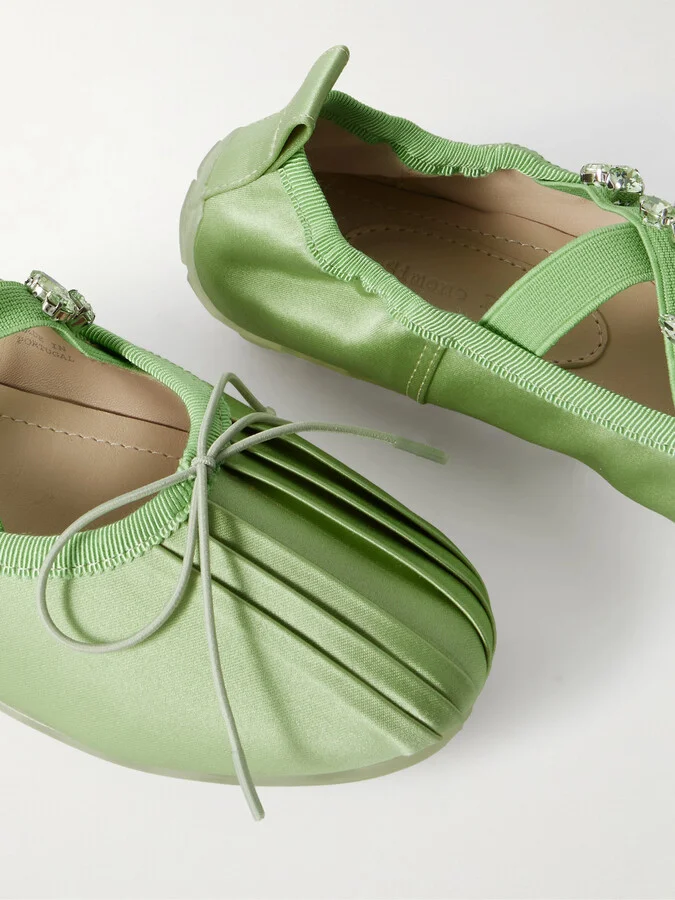 Simone Rocha - Grosgrain-trimmed Crystal-embellished Pleated Satin Ballet Flats - Green - Image 4