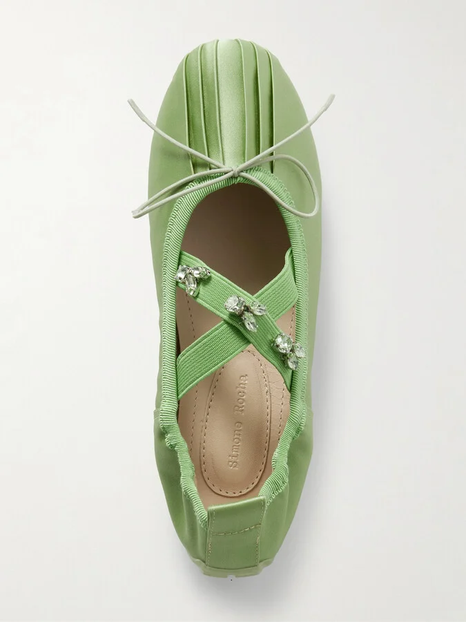 Simone Rocha - Grosgrain-trimmed Crystal-embellished Pleated Satin Ballet Flats - Green - Image 5