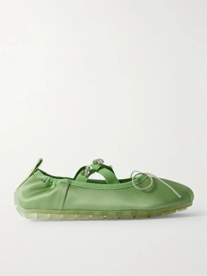 Simone Rocha - Grosgrain-trimmed Crystal-embellished Pleated Satin Ballet Flats - Green