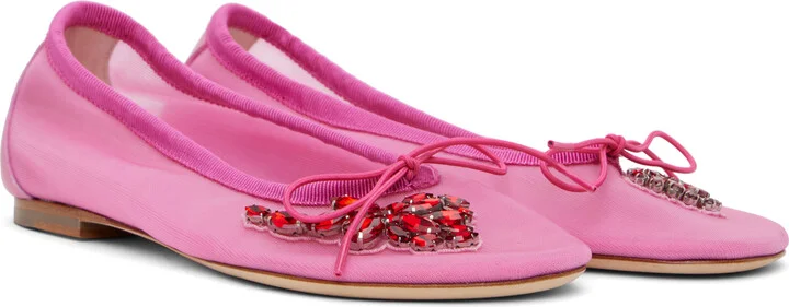 Simone Rocha Pink Embellished Flower Mesh Ballerina Flats - Image 4