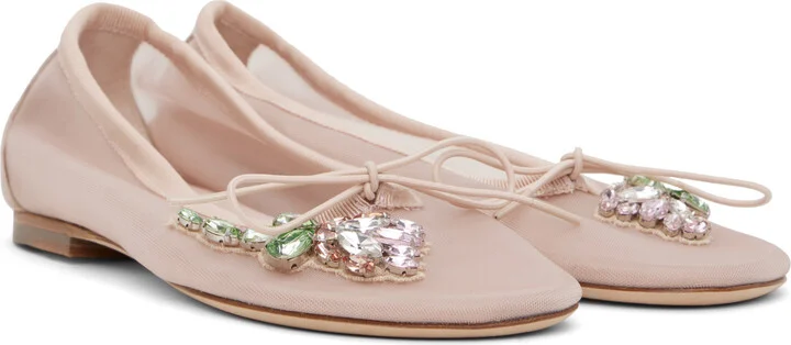 Simone Rocha Pink Embellished Flower Mesh Ballerina Flats - Image 4