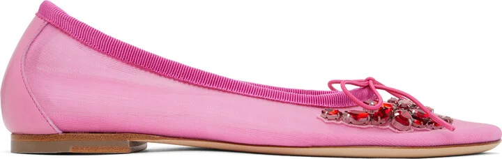 Simone Rocha Pink Embellished Flower Mesh Ballerina Flats