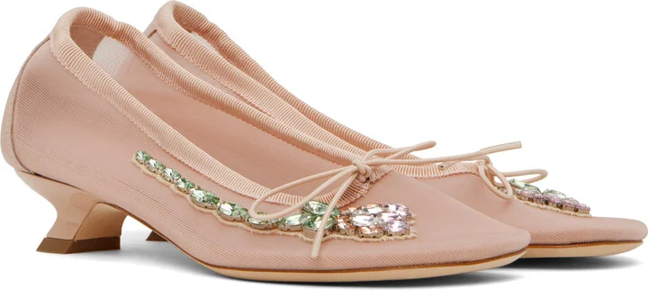 Simone Rocha Pink Embellished Flower Mesh Ballerina Heels - Image 4