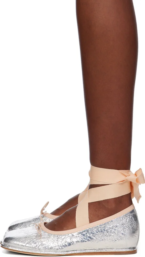 Simone Rocha Silver Heart Toe Ribbon Bow Ballerina Flats - Image 3