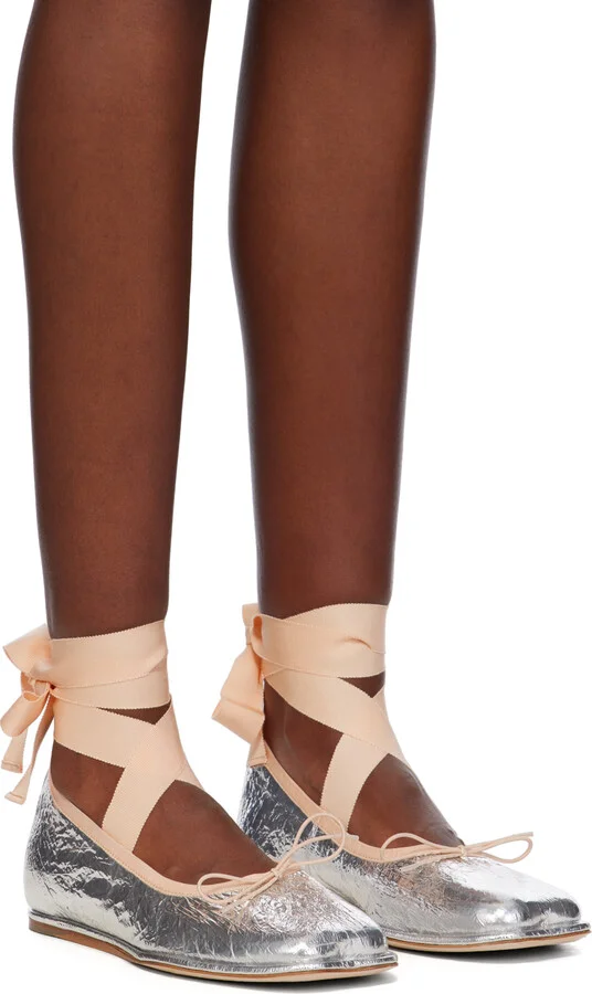 Simone Rocha Silver Heart Toe Ribbon Bow Ballerina Flats - Image 4