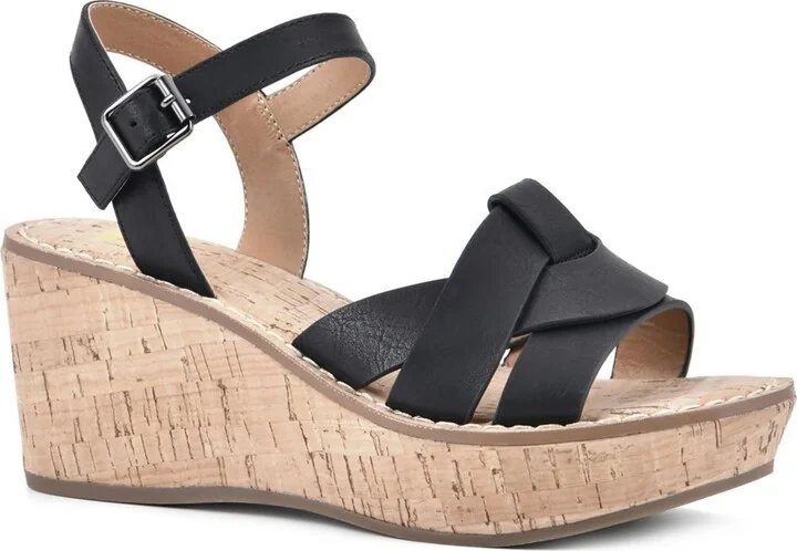 SIMPLE Womens Faux Leather Ankle Strap Wedge Sandals