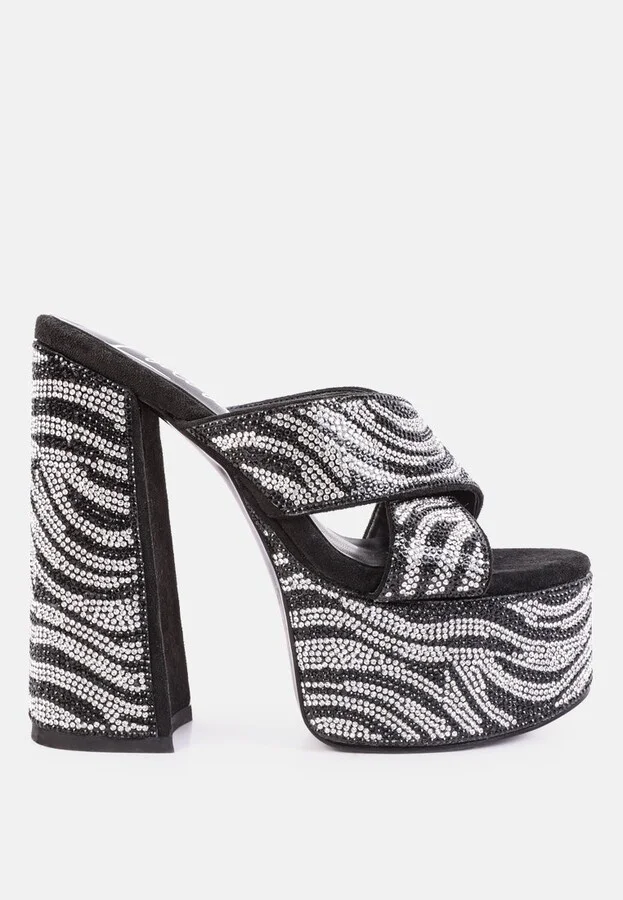 Sinful High Platform Patterned Diamante Slides sandals