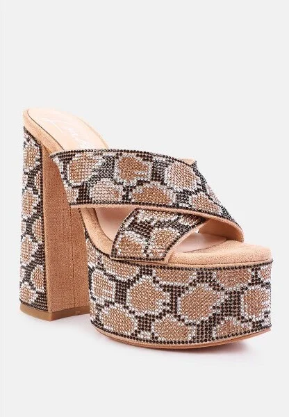 Sinful High Platform Patterned Diamante Slides Women - Image 2