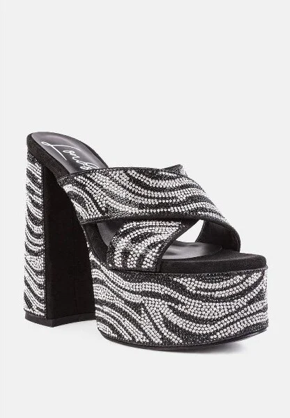 Sinful High Platform Patterned Diamante Slides Women - Image 3