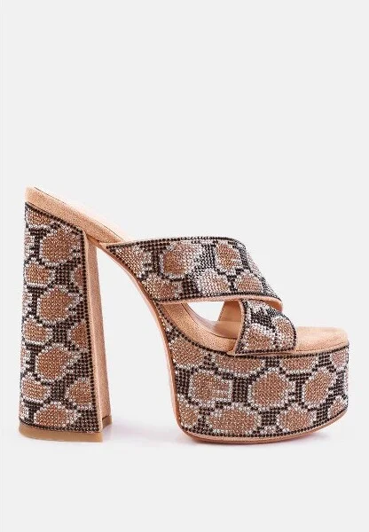 Sinful High Platform Patterned Diamante Slides Women