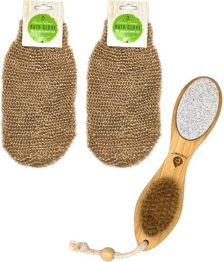 Sisal Hemp Bath Glove, Pack of 2, and 4-in-1 Foot Scrubber Bundle