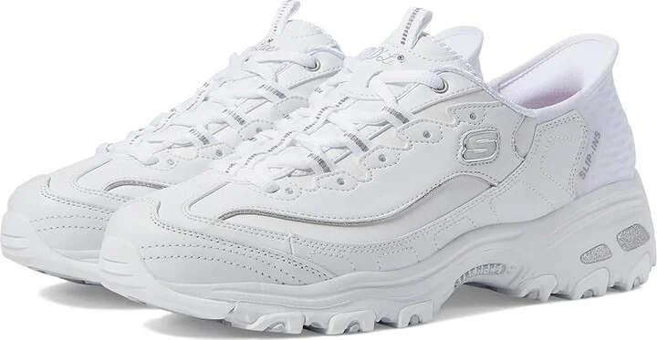 SKECHERS D'Lites New Scene Hands Free Slip - Ins Women's Shoes White Silver : 5.5 B - Medium, Leather