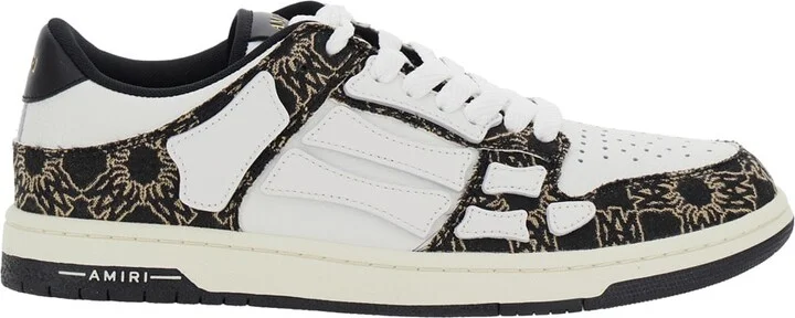 'skel Top Low' Black Sneaker With Skeleton Applications And All-over Logo Print In Leather Man