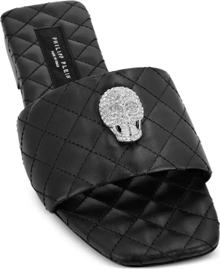 Skull-Embellished Quilted Leather Slides - Image 3