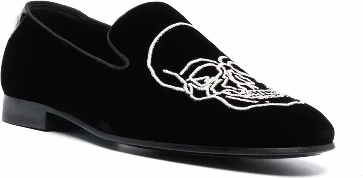 Skull-Embroidered Velvet Loafers - Image 2