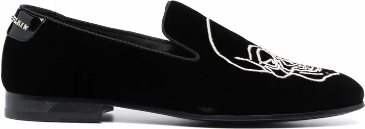 Skull-Embroidered Velvet Loafers