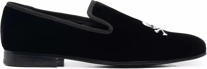 Skull Embroidery Velvet Loafers