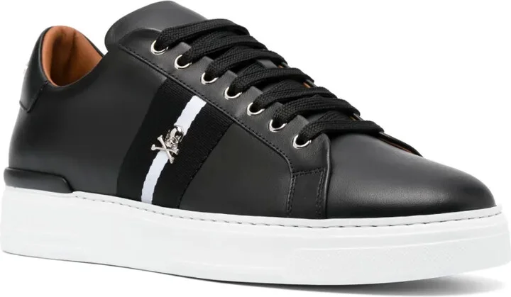 Skull-Plaque Striped Low-Top Sneakers - Image 2