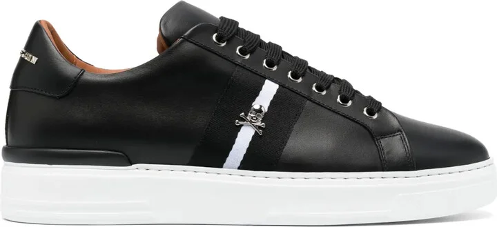 Skull-Plaque Striped Low-Top Sneakers