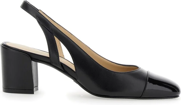 'sleek' Black Slingback Pumps With Block Heel In Leather Woman