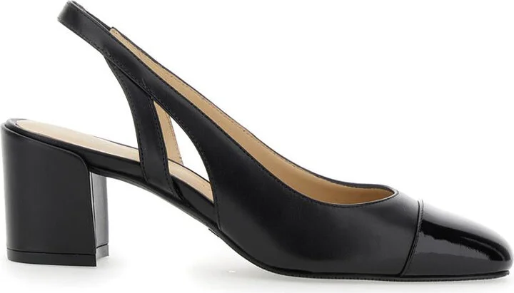 'Sleek' Black Slingback Pumps With Block Heel In Leather Woman