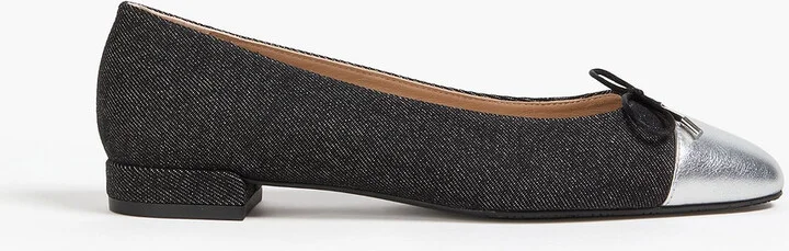 Sleek metallic leather-trimmed denim ballet flats