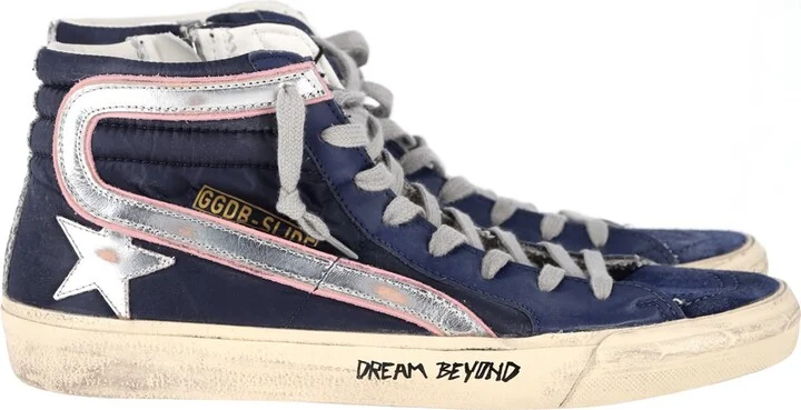 Slide High-Top Sneakers in Navy Blue Suede and Leather