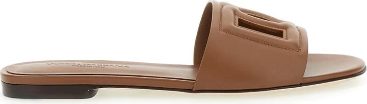 Slide Sandals With Cut Out Logo In Leather Woman