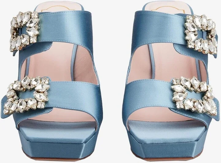 Slidy Viv' 100 Crystal Buckle Platform Mules in Satin - Image 2