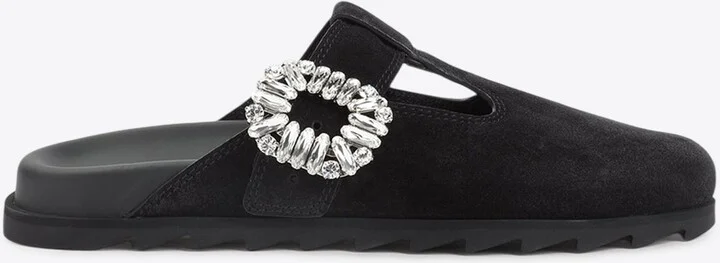 Slidy Viv' Crystal Buckle Mules in Suede