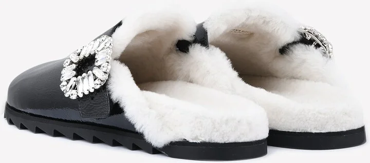 Slidy Viv' Crystal Buckle Shearling Mules - Image 2