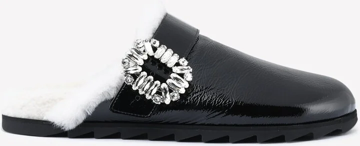 Slidy Viv' Crystal Buckle Shearling Mules
