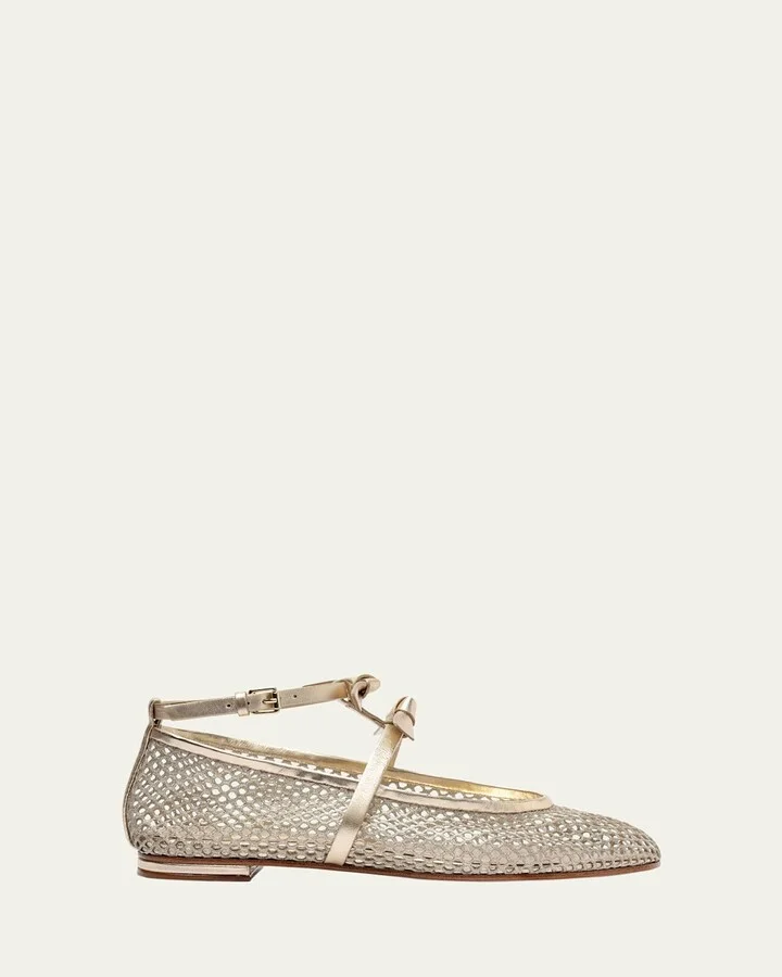 Slim Clarita Bow-Strap Fishnet Ballerina Flats