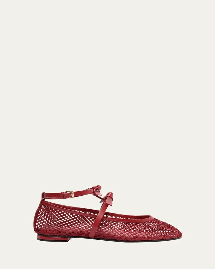 Slim Clarita Bow-Strap Fishnet Ballerina Flats