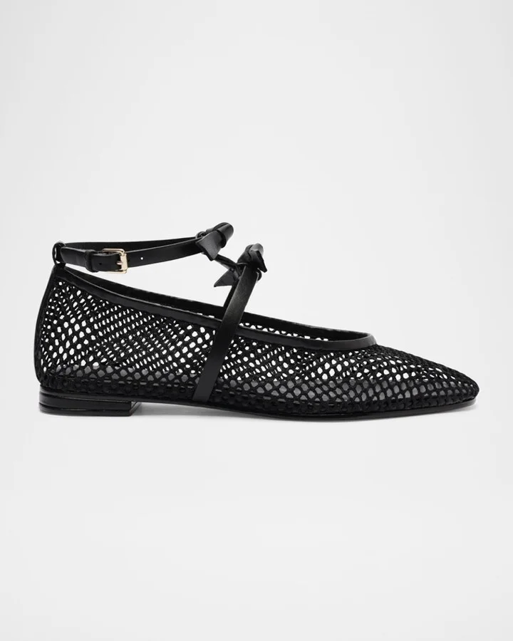 Slim Clarita Bow-Strap Fishnet Ballerina Flats