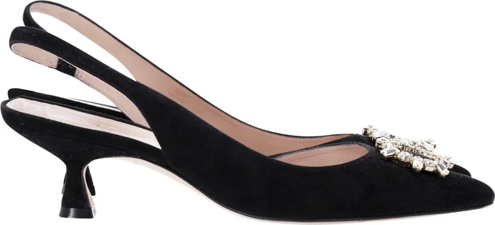 Slingback Kitten Heel Pumps in Black Suede