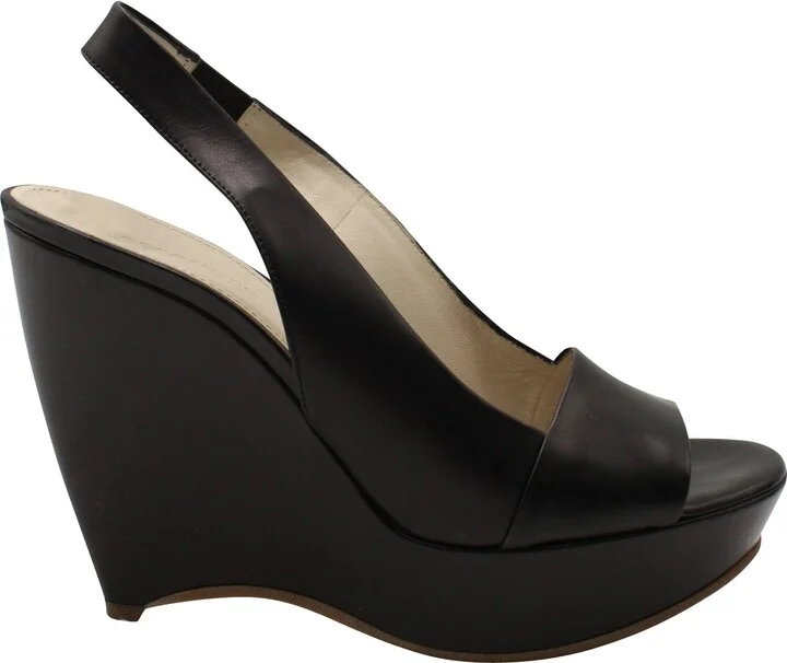 Slingback Peep Toe Wedge in Black Leather