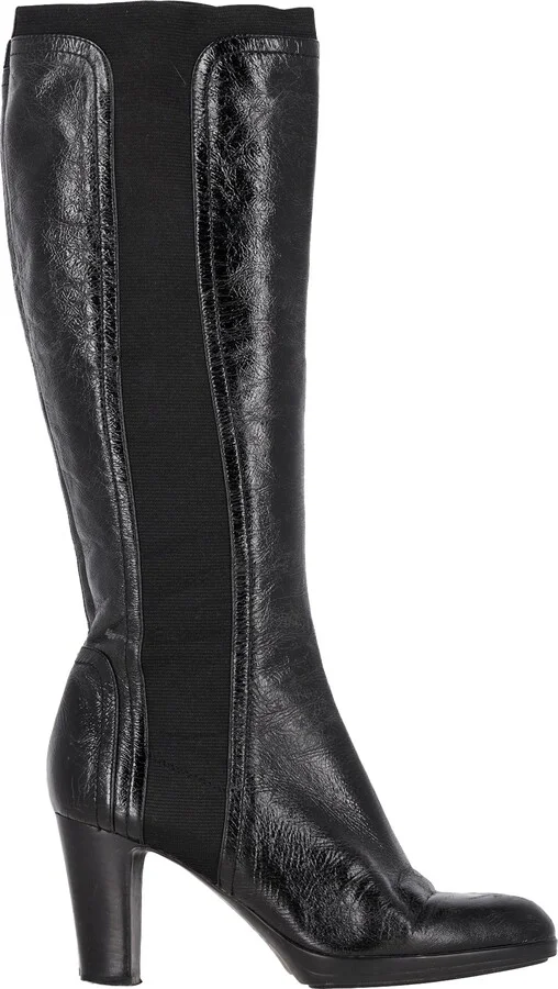 Slip-On Knee-High Heeled Boots in Black Leather