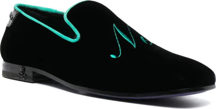 Slogan-Embroidered Velvet Loafers - Image 2
