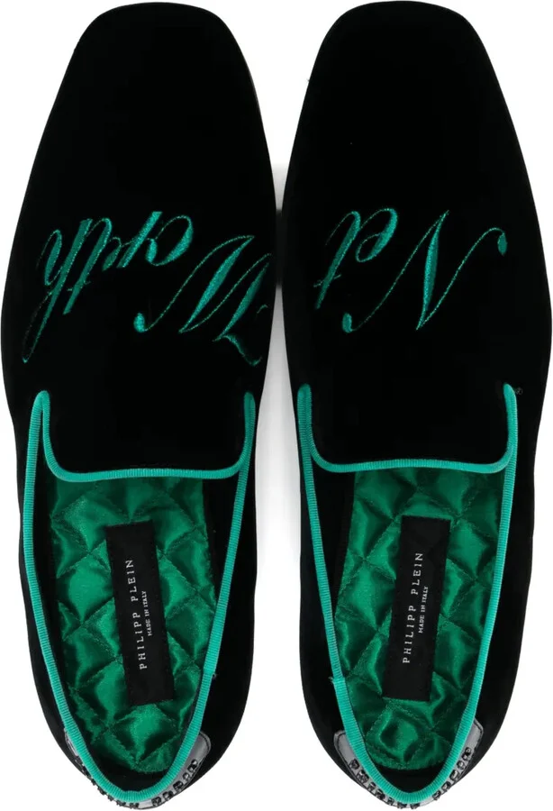 Slogan-Embroidered Velvet Loafers - Image 4