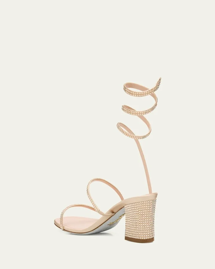 Snake Ankle-Wrap Strass Satin Block-Heel Sandals - Image 7