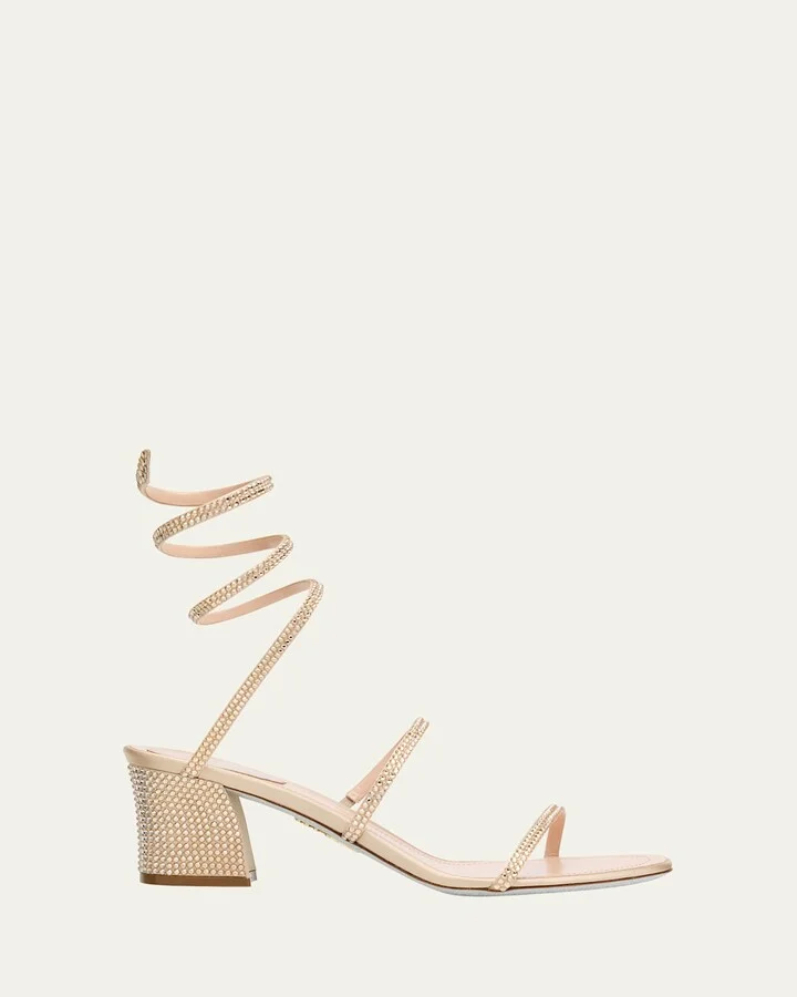 Snake Ankle-Wrap Strass Satin Block-Heel Sandals