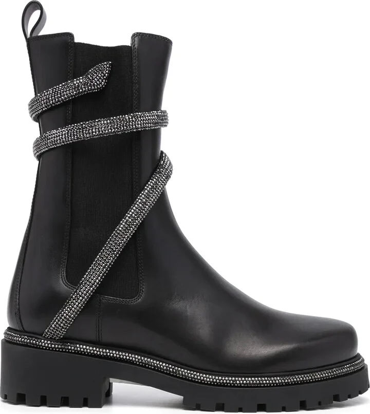 Snake-Embellished Leather Ankle Boots