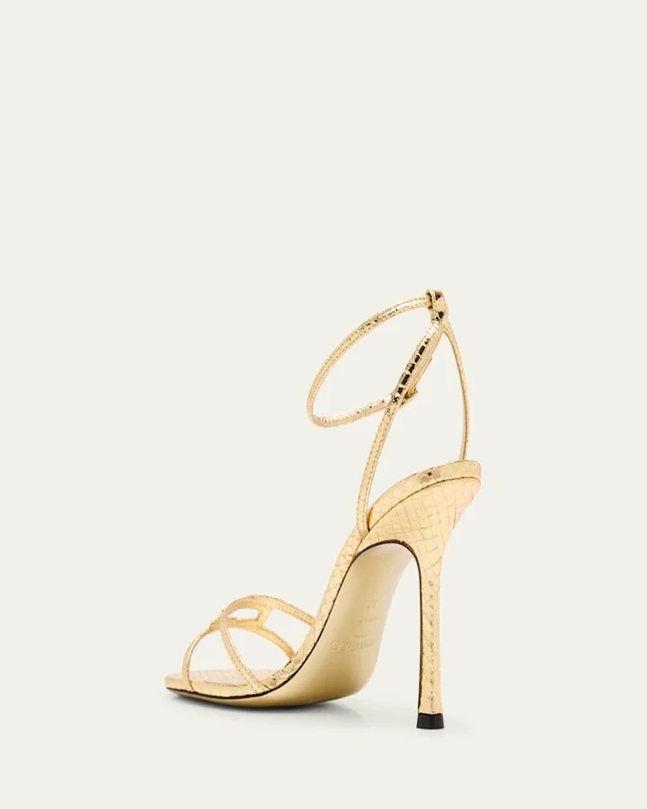 Snake-Embossed 1998 Leo Metallic Leather Ankle-Strap Sandals - Image 2